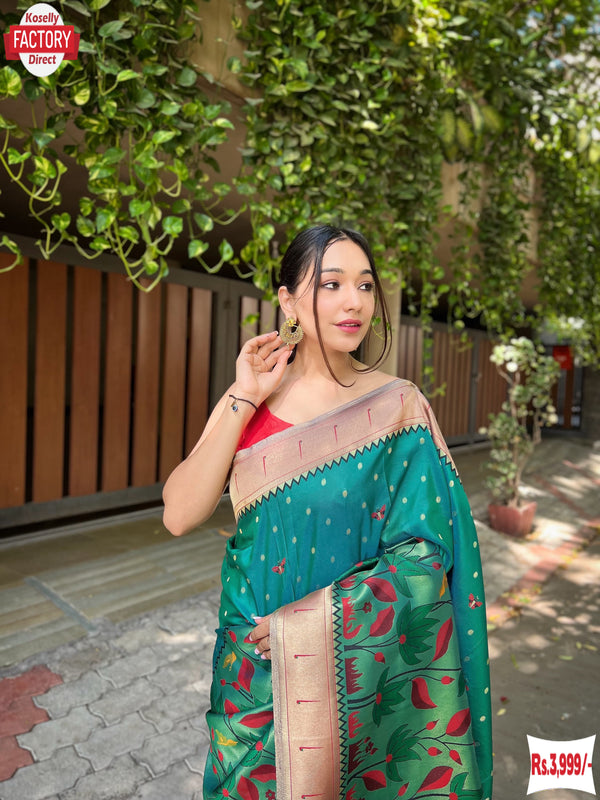 Turquoise Pure Banarasi Paithani Silk Partywear Saree