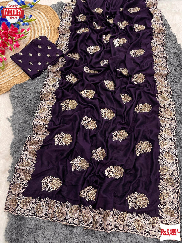 Purple Vichitra Silk Embroidered Partywear Saree