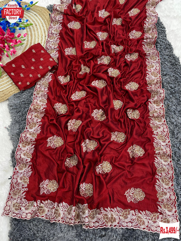 Red Vichitra Silk Embroidered Partywear Saree