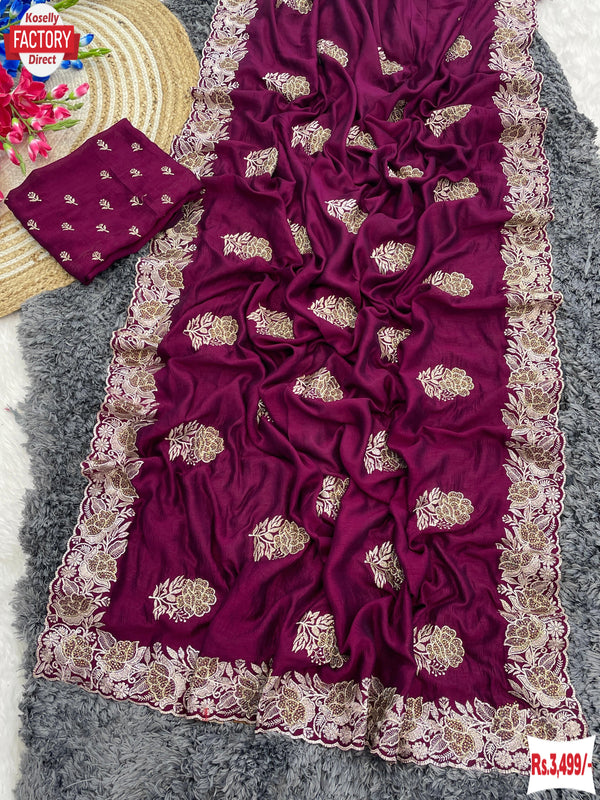 Magenta Vichitra Silk Embroidered Partywear Saree