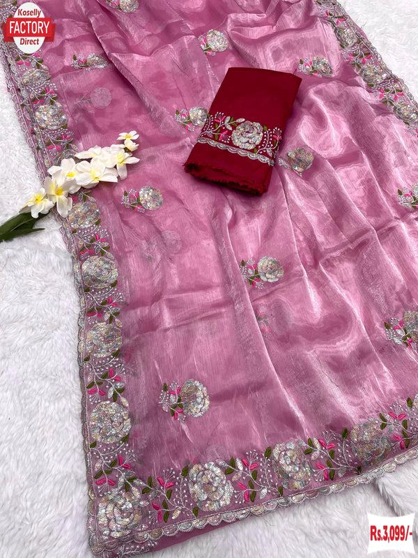 Pink Jimmy Choo Silk Embroidered Partywear Saree