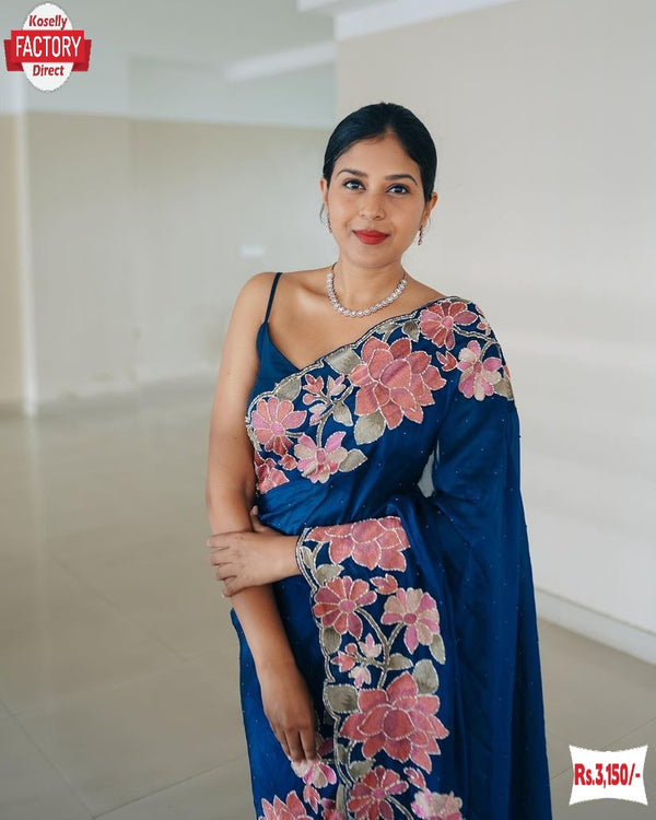 Royal Blue Pure Rangoli Silk Embroidered Partywear Saree