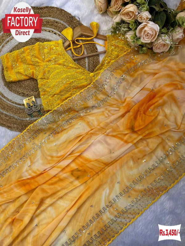 Yellow Rangoli Silk Prism Print Partywear Sequins Worked Saree