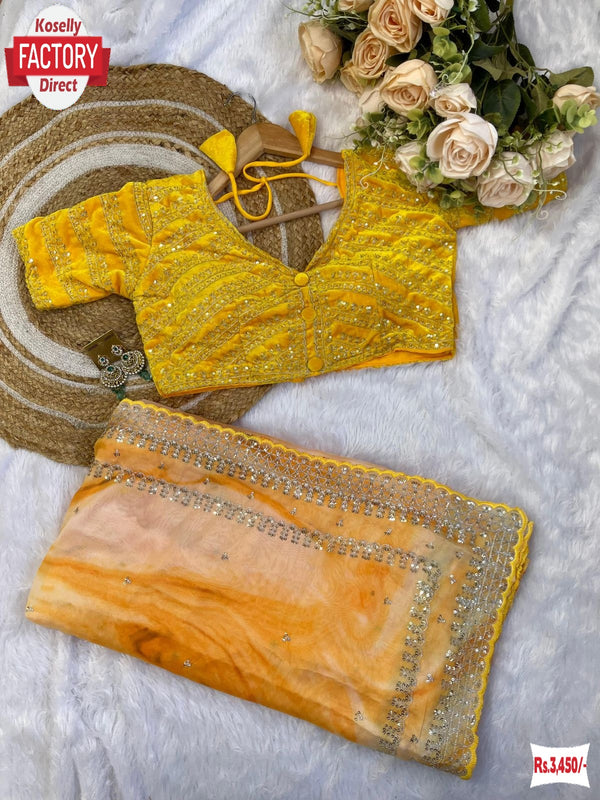 Yellow Rangoli Silk Prism Print Partywear Sequins Worked Saree