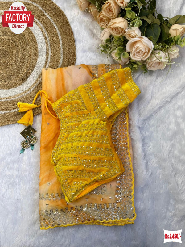 Yellow Rangoli Silk Prism Print Partywear Sequins Worked Saree