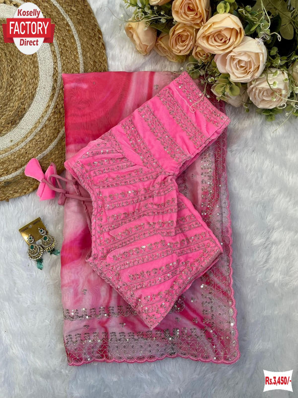 Pink Rangoli Silk Prism Print Partywear Sequins Worked Saree
