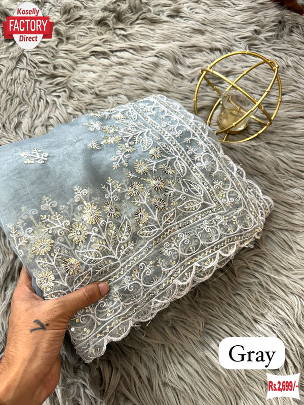 Grey Pure Organza Sequins And Thread Work Partywear Saree