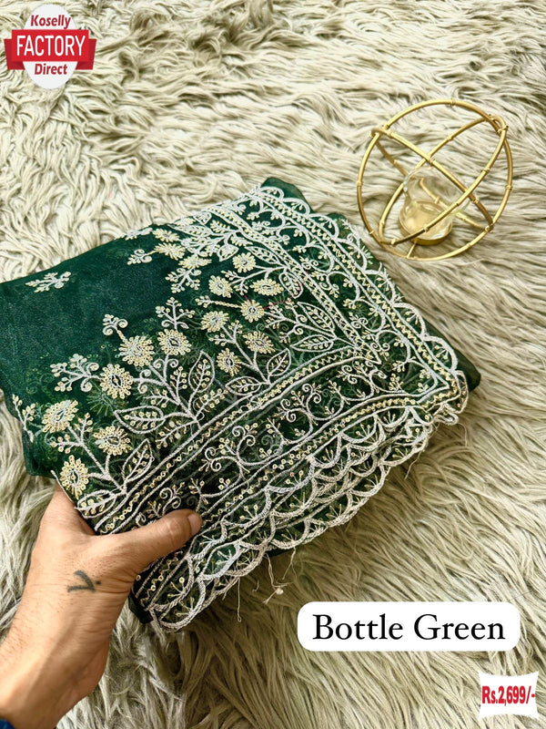 Green Pure Organza Sequins And Thread Work Partywear Saree