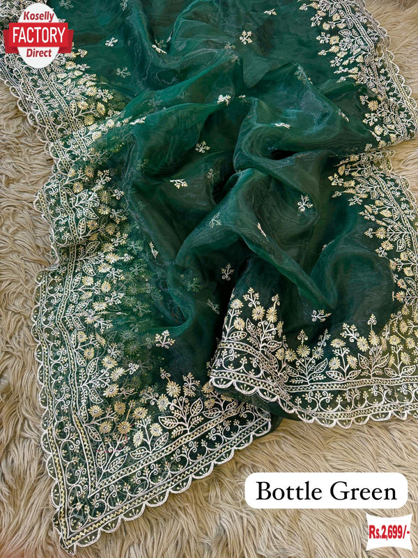 Green Pure Organza Sequins And Thread Work Partywear Saree