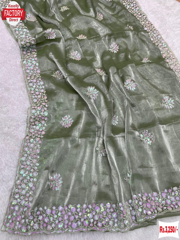Dusty Green Jimmy Choo Partywear Saree With Sequins Embroidery