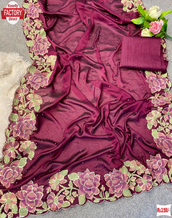 Wine Pure Rangoli Silk Embroidered Partywear Saree