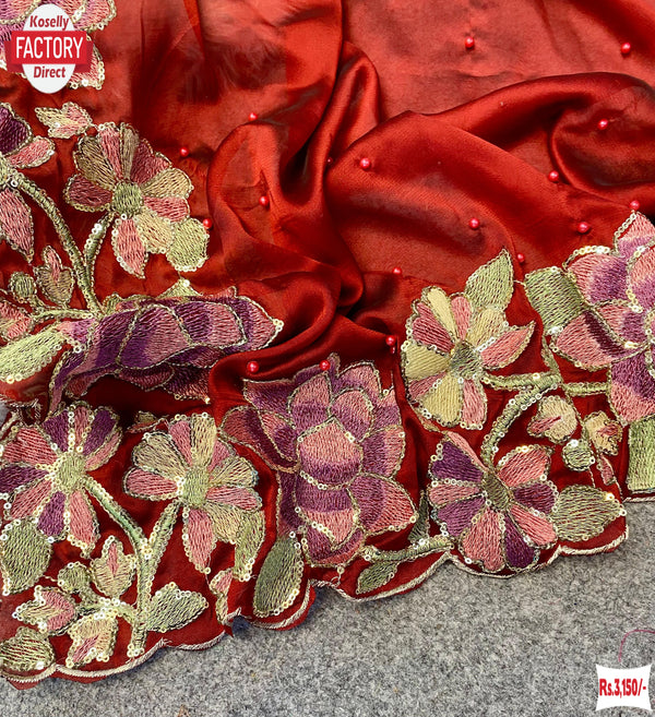 Red Pure Rangoli Silk Embroidered Partywear Saree
