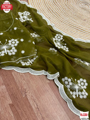 Mehendi Green Pure Tabby Organza Saree With Stone Worked Border