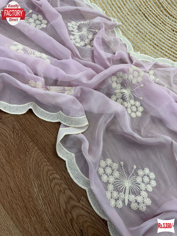 Baby Pink Pure Tabby Organza Saree With Stone Worked Border