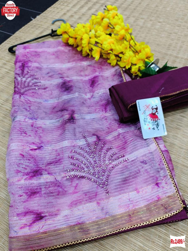 Purple Organza Prism Print Sequins And Thread Work Saree
