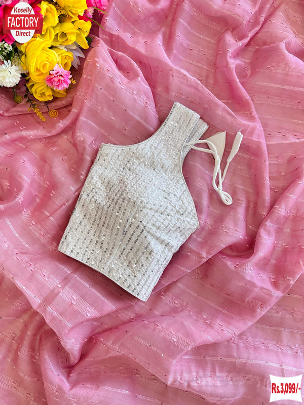 Baby Pink Soft Tumtum Organza Saree With Readymade Sequins Blouse