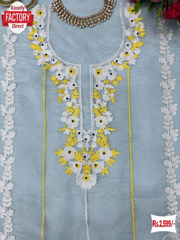 Light Blue Soft Organza Embroidered Kurtha Suruwal Piece