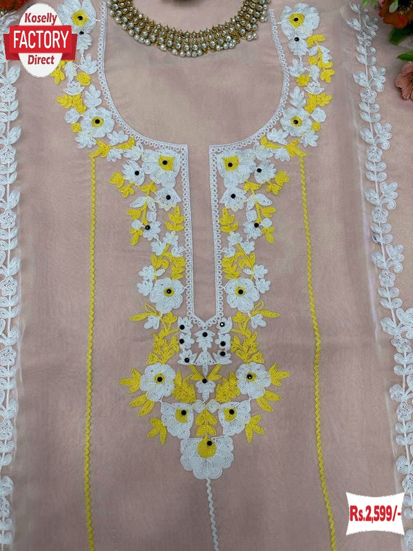 Pink Soft Organza Embroidered Kurtha Suruwal Piece
