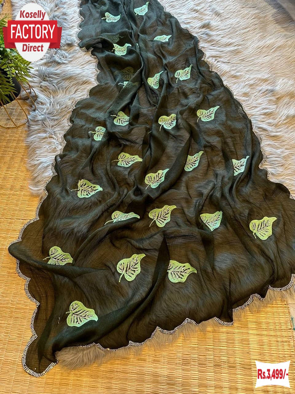Black Chiffon Silk Saree With Thread Embroidery Work