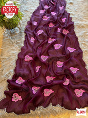 Wine Chiffon Silk Saree With Thread Embroidery Work