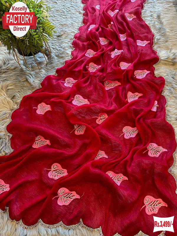 Pink Chiffon Silk Saree With Thread Embroidery Work