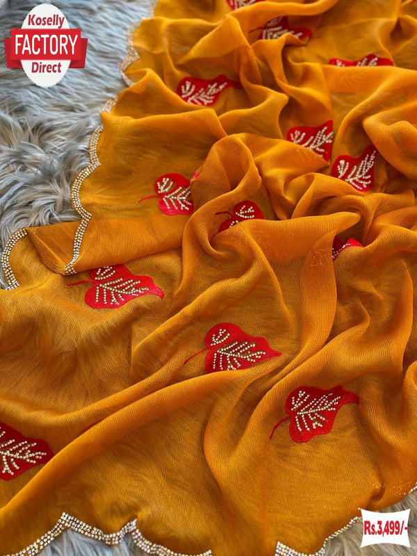 Mustard Yellow Chiffon Silk Saree With Thread Embroidery Work