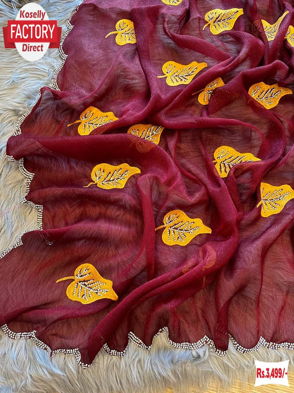 Maroon Chiffon Silk Saree With Thread Embroidery Work
