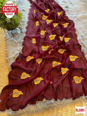 Maroon Chiffon Silk Saree With Thread Embroidery Work
