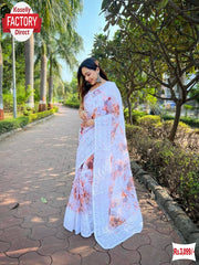 White Organza Chikankari Digital Printed Fancy Saree