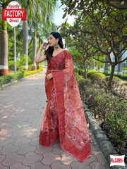 Brick Red Organza Chikankari Digital Printed Fancy Saree