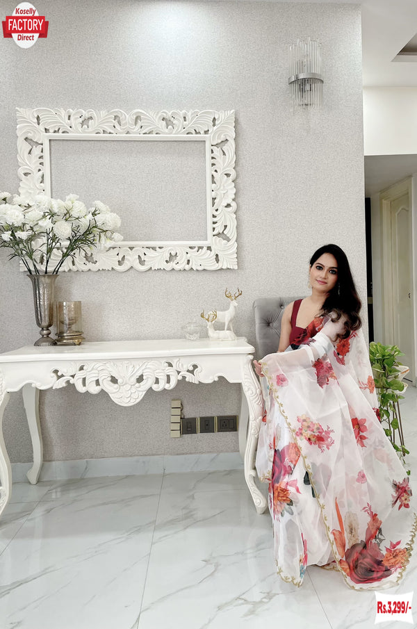 White Floral Pure Organza Saree With Digital Print And Handwork