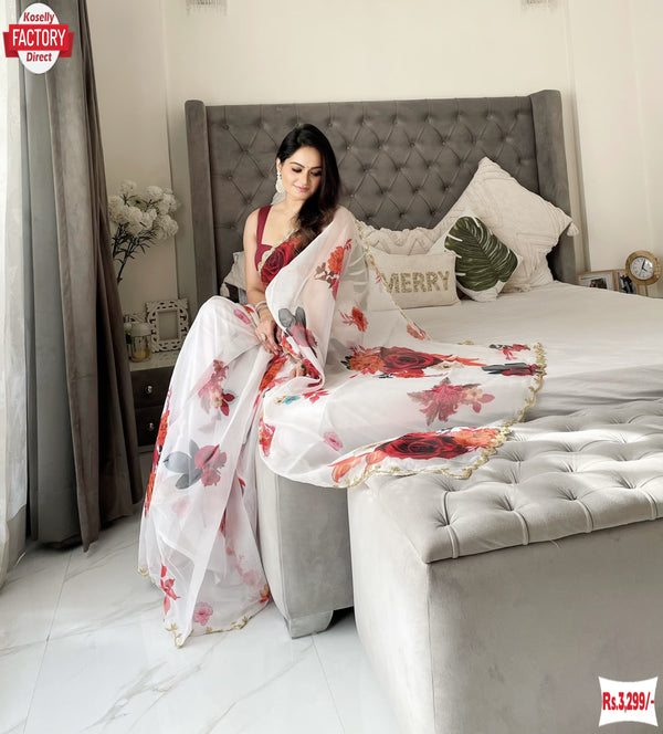 White Floral Pure Organza Saree With Digital Print And Handwork