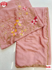 Peach Soft Chinnon Chiffon Saree With Handwork