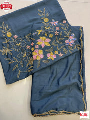 Dark Grey Soft Chinnon Chiffon Saree With Handwork