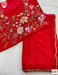 Red Soft Chinnon Chiffon Saree With Handwork