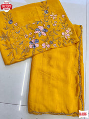 Yellow Soft Chinnon Chiffon Saree With Handwork