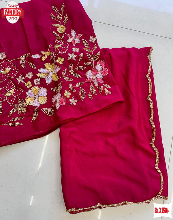 Cherry Pink Soft Chinnon Chiffon Saree With Handwork
