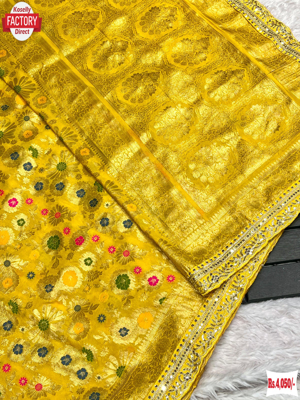 Yellow Pure Khadi Crepe Silk Banarasi Rich Zari Saree