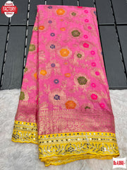 Pink Pure Khadi Crepe Silk Banarasi Rich Zari Saree
