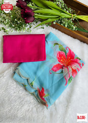 Light Blue Digital Printed Georgette Saree With Stone Work