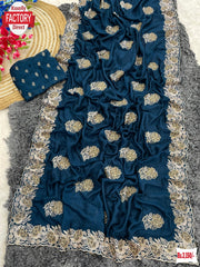 Teal Blue Blooming Vichitra Silk Saree With Embroidery Work