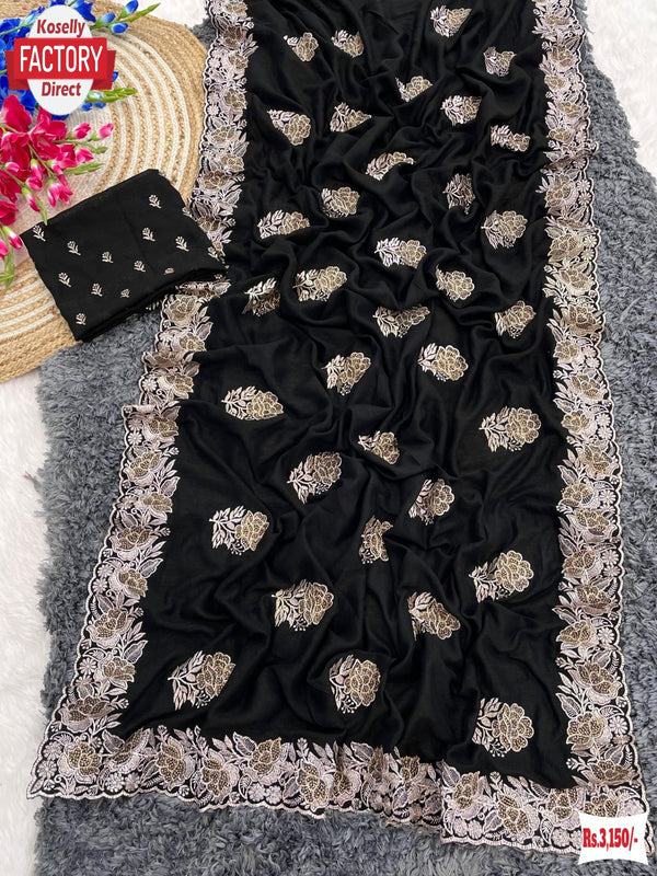 Black Blooming Vichitra Silk Saree With Embroidery Work