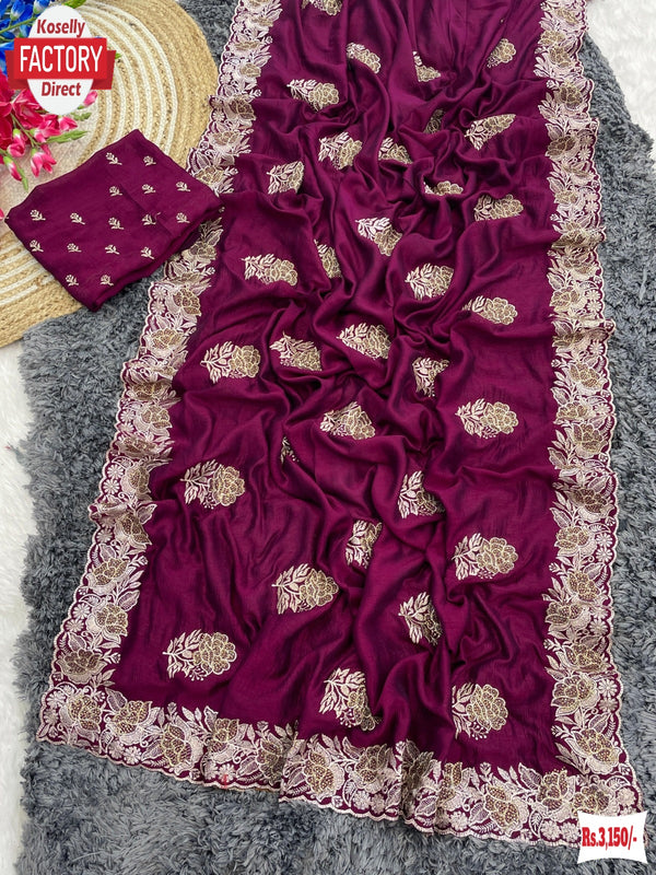 Wine Blooming Vichitra Silk Saree With Embroidery Work
