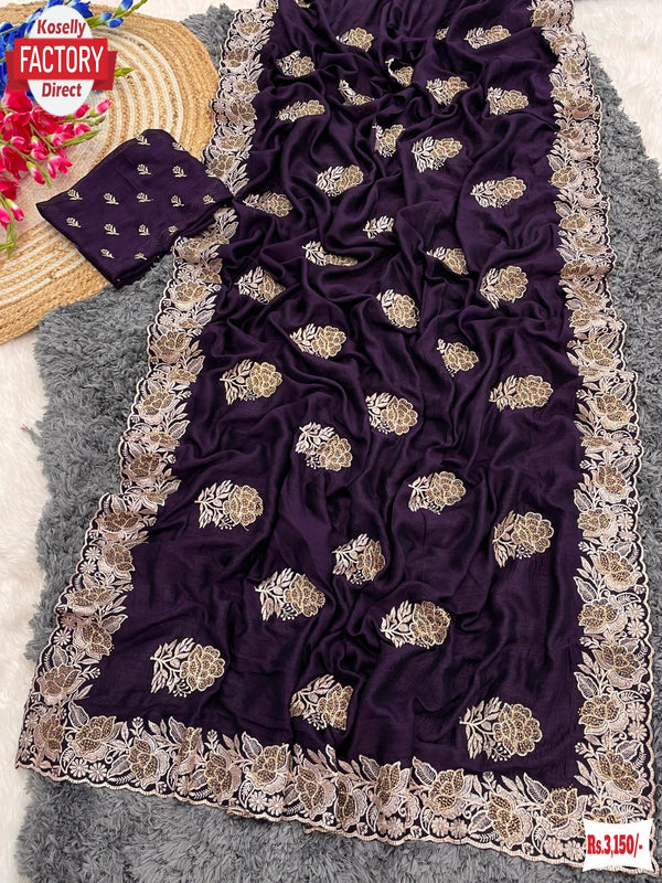 Burgundy Blooming Vichitra Silk Saree With Embroidery Work