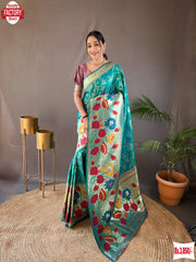 Turkish Blue Pure Paithani Silk Banarasi Saree