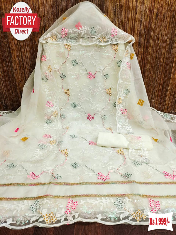 Off-white Organza Embroidered Kurtha Suruwal Piece