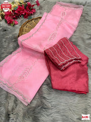 Baby Pink Pure Organza Silk Hand Pearl And Cut-work Designer Saree