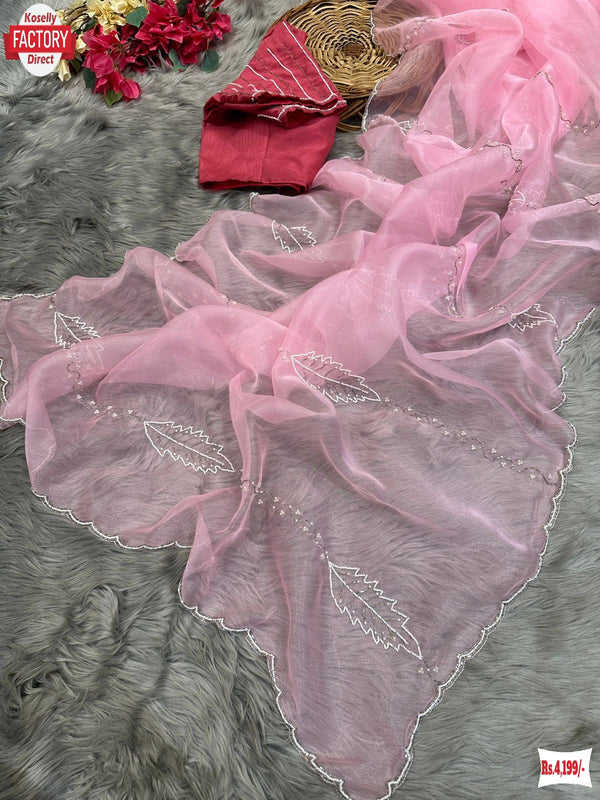 Baby Pink Pure Organza Silk Hand Pearl And Cut-work Designer Saree