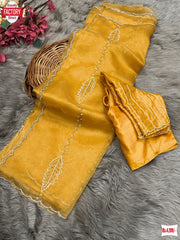 Mustard Yellow Pure Organza Silk Hand Pearl And Cut-work Designer Saree