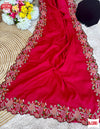 Cherry Red Tussar Silk Cross-stitch Embroidered Partywear Saree